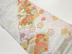 リサイクル　地紙に松・花々・鶴模様織出し袋帯